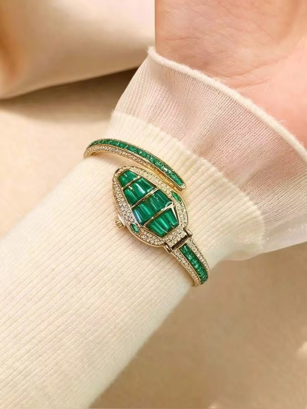 Serpenti Style Emerald Green Crystal Bangle Watch – Gold Tone Quartz Watch - Picture 8 of 11